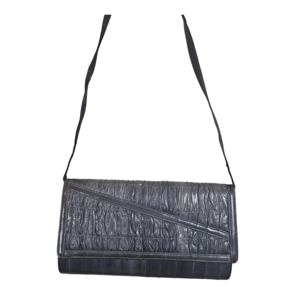 Unknown Handbags - Vintage Gray Eel Skin Leather Clutch Or Shoulder Bag Purse W/ Matching Wallet
